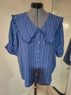 Zara Blue and White Peter Pan Striped Button-Down Top with Lace-Trim Collar